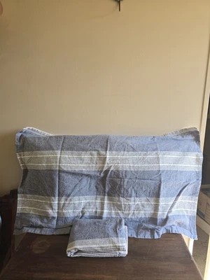 Juego de 2 fundas de almohada reina rayas azules blancas cara mezcla lino umbral 33x19" Foto 1 de 4