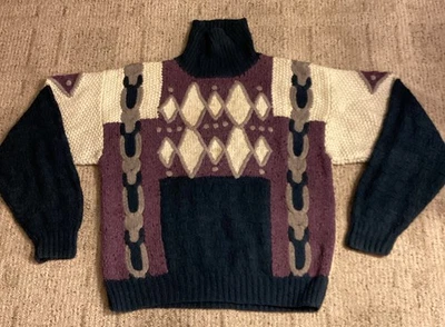 OMG! Vtg 1980s NOVO Abstract Turtleneck Sweater Hand Knit Wool Blend Size Medium - Image 1 of 4