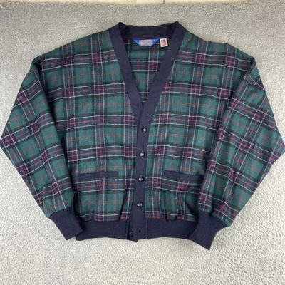 VTG Pendleton Wool Plaid Cardigan Jacket L Green Blue Preppy Dad Grandpa USA - Image 1 of 4