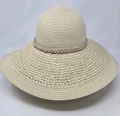 NUEVO CON ETIQUETAS J. SOMBRERO DE PAJA TRIPULACIÓN CON CUERDA PAPEL TEJIDO BEIGE NATURAL MUJER S/M ALA ANCHA  Foto 1 de 4