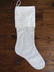 Crate & Barrel White and Gray Christmas Stocking Embellished Pearls 21" - Picture 1 of 4