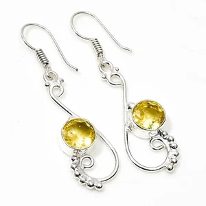 925 Sterling Silver Yellow Citrine Gemstone Handmade Jewelry Earring Size-1.8" - Picture 1 of 4