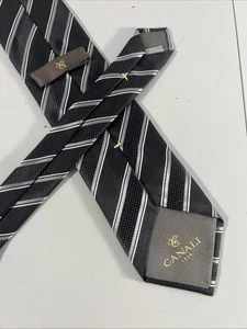 Canali 1934 100% Silk Black Grey Striped Mens Dress Tie Made In Italy Stain - Picture 1 of 9