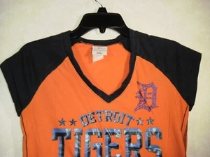Campus Lifestyle DETROIT TIGERS T-Shirt Women Orange Blue V-Neck Cap Sleeve - Picture 1 of 6