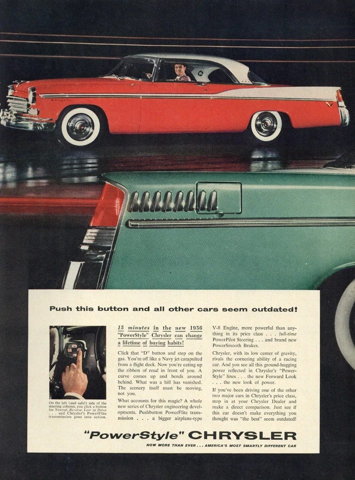 1956 PowerStyle Chrysler Vintage Car Print Ad Red Hard Top V8 Wide Whitewalls - Image 1 of 1