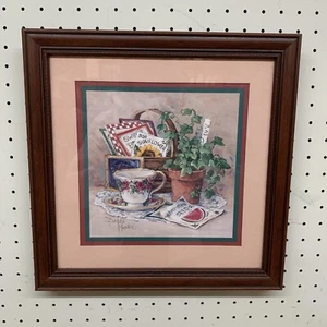 Barbara Mock Basket Teacup Flower Garden Cottage Core Framed Print Picture Vtg - Picture 1 of 12