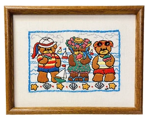Vintage Framed Crewel Embroidery Teddy Bear Beach Wall Art Nursery Cottagecore - Picture 1 of 8