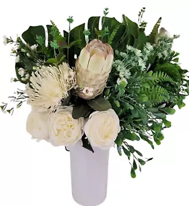 Flower Bouquet in White Ceramic Vase - Ivory Roses and Australian Native Flowers - Picture 1 of 7