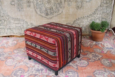 Handmade Oriental Kilim Pouf – Vintage Boho Ottoman Footstool Upholstered - Image 1 of 4