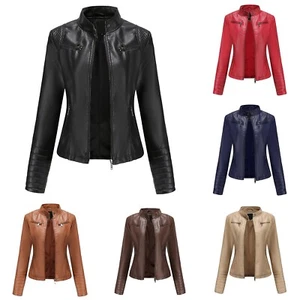 Women's Faux Leather Jackets Zip Up Motorcycle Short PU Moto Biker Outwear Coat - Picture 1 of 40