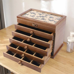 Retro Schmuckkasten Schmuckschrank Holz Schmuckschatulle Schubladen Glasdeckel - Bild 1 von 14