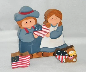 July 4th Independence Day Farmer Couple American Flag & Teddy w/ USA Heart Decor - Picture 1 of 12