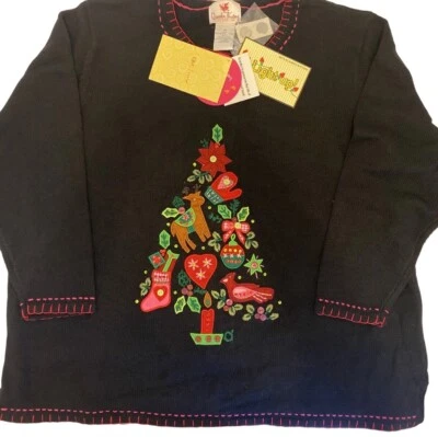 QUACKER FACTORY Light Up Christmas Tree Sweater Sz 3X Black Hot Pink Beaded NEW - Image 1 of 4