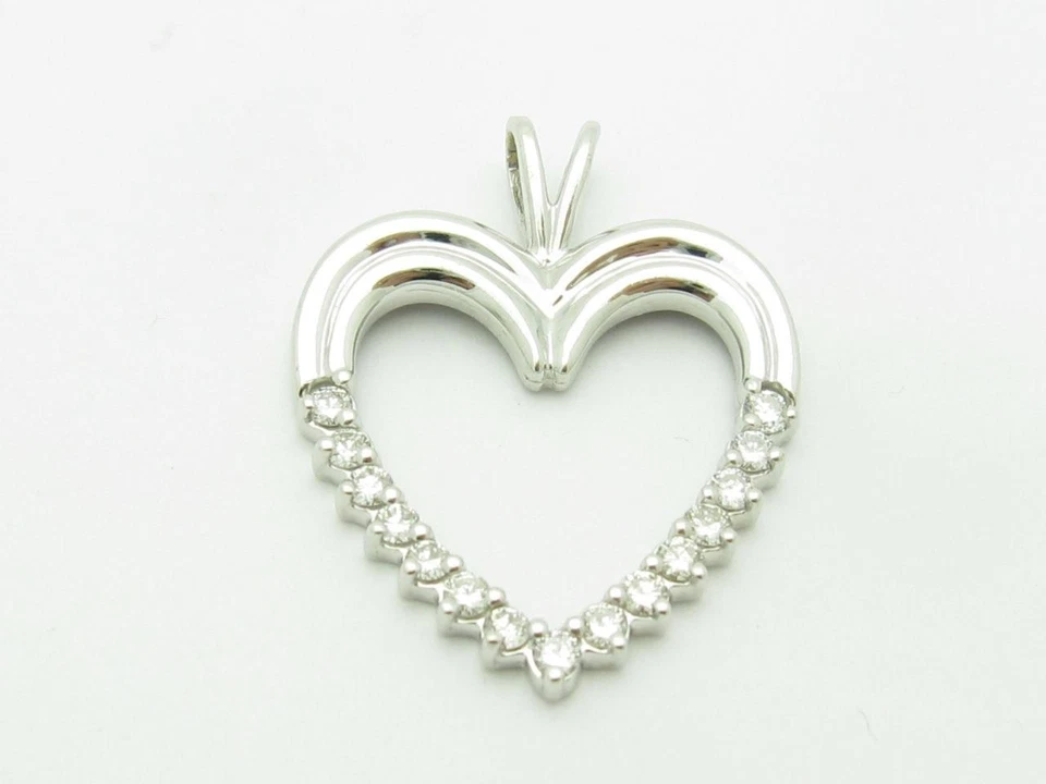 14k Bianco Oro e Diamanti Cuore Aperto Design Cavo Ciondolo Collana Regalo - Immagine 1 di 1