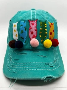 Cat Mom Cap Hat Cats Pompons Women Adjustable Distressed Green Cotton Boho - Picture 1 of 7
