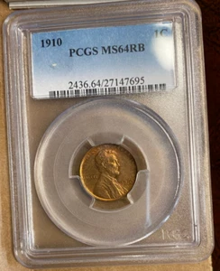 Lincoln Cent 1910 PCGS MS64RB CASI ROJO - Imagen 1 de 4