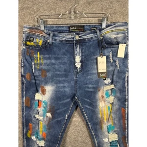 Switch Remarkable Mens Indigo Distressed Paint Splatter Slim Taper Jeans 40x34 - Picture 1 of 9