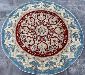 5x5 Sky Blue Beige Turkish Round Chobi Wool Rug Oriental Turkmen Modern Carpet - Picture 1 of 9