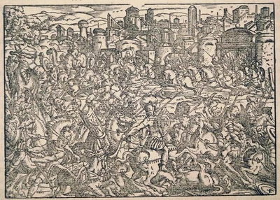 Holzschnitt, Antike Reiterschlacht, Monogrammist AX (?), Deutsch, um 1560 - Bild 1 von 4