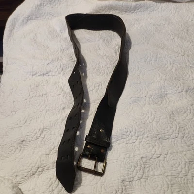 Black Double Hole Belt Two Prong Leather Belt Handmade 2.5” Wide Utility 59 Inch - Image 1 of 4