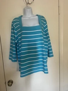 Ladies D & Co Teal & White Striped 3/4 Sleeve Pullover Square Neckline Sz 2X - Picture 1 of 5