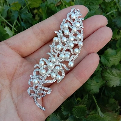 Freshwater Cultured White Pearl Cubic Zirconia Pave Feathers Shape Brooch Pin - Image 1 of 4