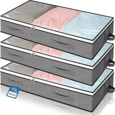 3 Pezzi Contenitori Sottoletto 75L, Maniglia Rinforzata, Finestra Trasparente, O - Immagine 1 di 4