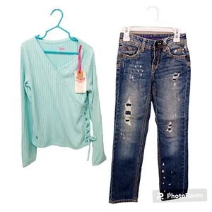 Justice Jean Set-Destroyed Jeans 8 Slim-Side Lace Up Top 7/8 - Picture 1 of 10