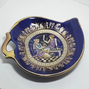 Art Pottery Greece Decor Blue Dish 24k Gold Accent Vintage Greek Figures Bowl - Bild 1 von 12