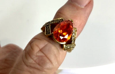Кольцо из чистого золота 925 пробы с оранжевым каплевидным драгоценным камнем турмалином вермеем размер 6,5 - Изображение 1 из 3