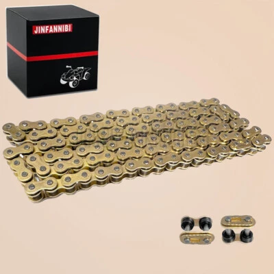 Cadena de anillo X dorado 420 106 eslabones con eslabón maestro de conexión para motocicleta Foto 1 de 4