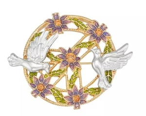Napier Doves Peace Sign Brooch Pin Lilac Enamel Gold Tone Floral NEW w Gift Box - Picture 1 of 5
