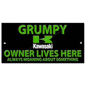 GRUMPY KAWASAKI MOTORCYCLE OWNER LIVES HERE METAL SIGN. 8" X 3.5" - Picture 1 of 1