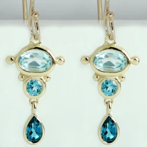 E080 Genuine 9K or 18K Yellow / Rose Gold Natural Blue Topaz Drop Earrings - Picture 1 of 2
