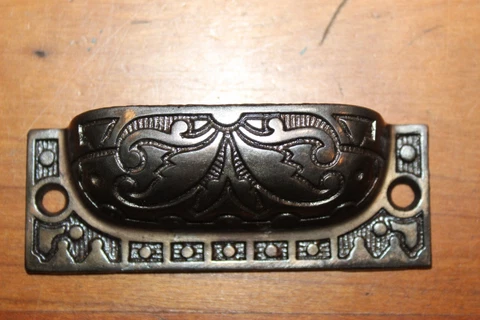 Antique Victorian Cast Iron Detailed Bin Apothecary Cupboard Drawer Pull L-44 Cover
