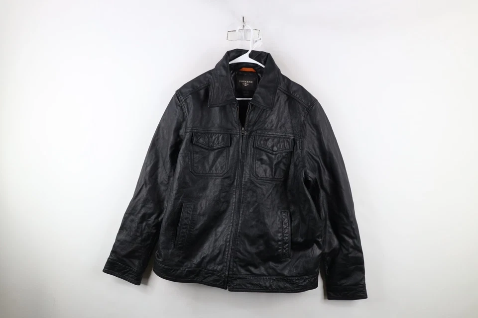 Vintage Dockers Mens XL Distressed Leather Quilted Full Zip Bomber Jacket Black - Image 1 of 4