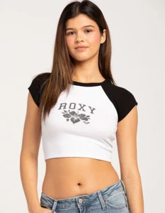 Roxy Women's College Crop Raglan Cap Sleeve Baby Tee T-Shirt in White/Black - Picture 1 of 4