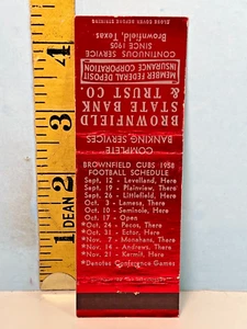 1958 Brownfield Cubs Football Matchbook Home Schedule Brownfield State Bank - Picture 1 of 4