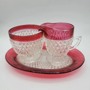 Vintage Indiana Glass Red Trim Diamond Point Cream Sugar Set w/tray - Picture 1 of 7