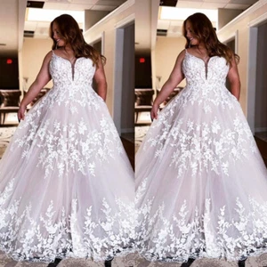 Plus Size Deep V Neck Wedding Dresses with Straps Lace Appliques Bridal Gowns - Picture 1 of 9