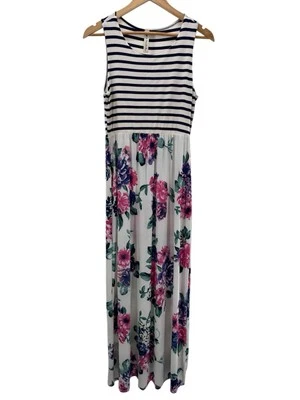 Striped Floral Maxi Dress Medium Boho Knit Stretch Casual Boutique Style Comfy - Image 1 of 4