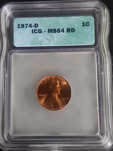 1974 D Uncirculated Lincoln Memorial Cent ICG MS-64 Red Free Shipping  - Picture 1 of 2