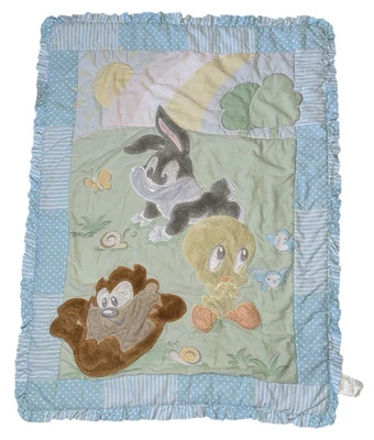 Dolly Crib Comforter Baby Looney Tunes Tweety Bird Bugs Bunny Taz Blue Yellow - Image 1 of 4