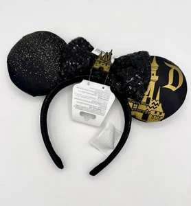 Disney Parks Headband Ears Minnie Mouse Castle Bow Sequins WDW Black Gold Rare - Picture 1 of 2