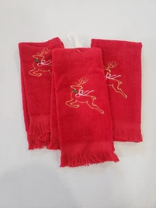 VTG Xmas 100% Cotton Embroidered Christmas 3 Pc Towel Set Gold Deer USA Made - Picture 1 of 10