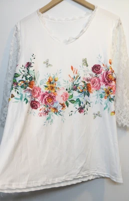 Shirt Womens XL White Multicolor Floral Lace Accent Pullover Stretch Classic Top - Image 1 of 4