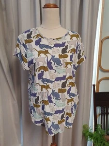 H&M Blue & White Kitty Cat Print Casual Top Size 12 - Picture 1 of 8
