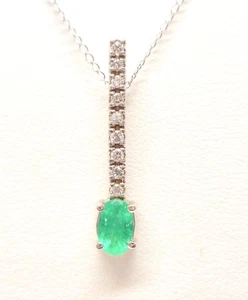 14K WHITE GOLD GENUINE OVAL EMERALD AND DIAMOND NECKLACE - Picture 1 of 7