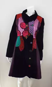 Desigual Embroidered Floral Long Velvet Jacket Coat Medium 40 US 8 Black Purple - Picture 1 of 24