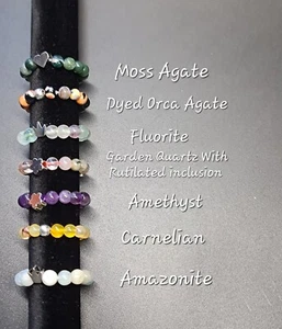 Natural Healing Gemstone Beaded Stretching Ring With Cooper Charm - Picture 1 of 45